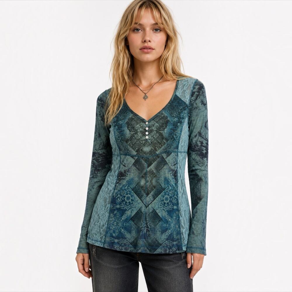 Live and Let Live Womens Y2K Teal Patchwork He Let Top Fairy Grunge Artsy Sz S